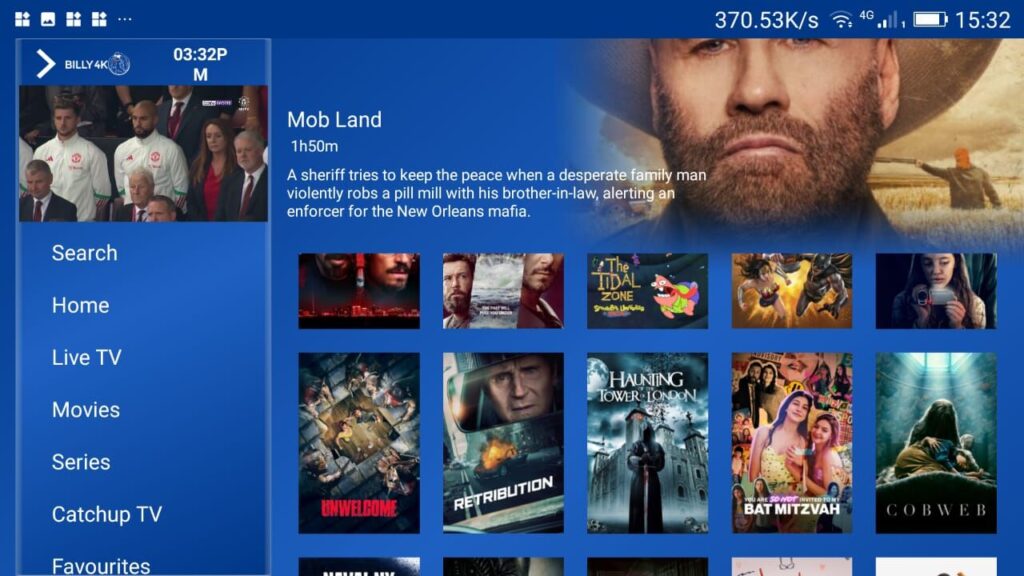 Streaming app screen showing Mob Land movie and menu.